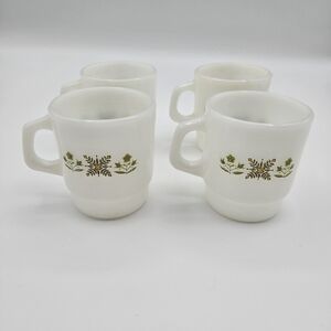 Vintage MCM Set of 4 Anchor Hocking Fire King Meadow Green Stackable Mugs USA